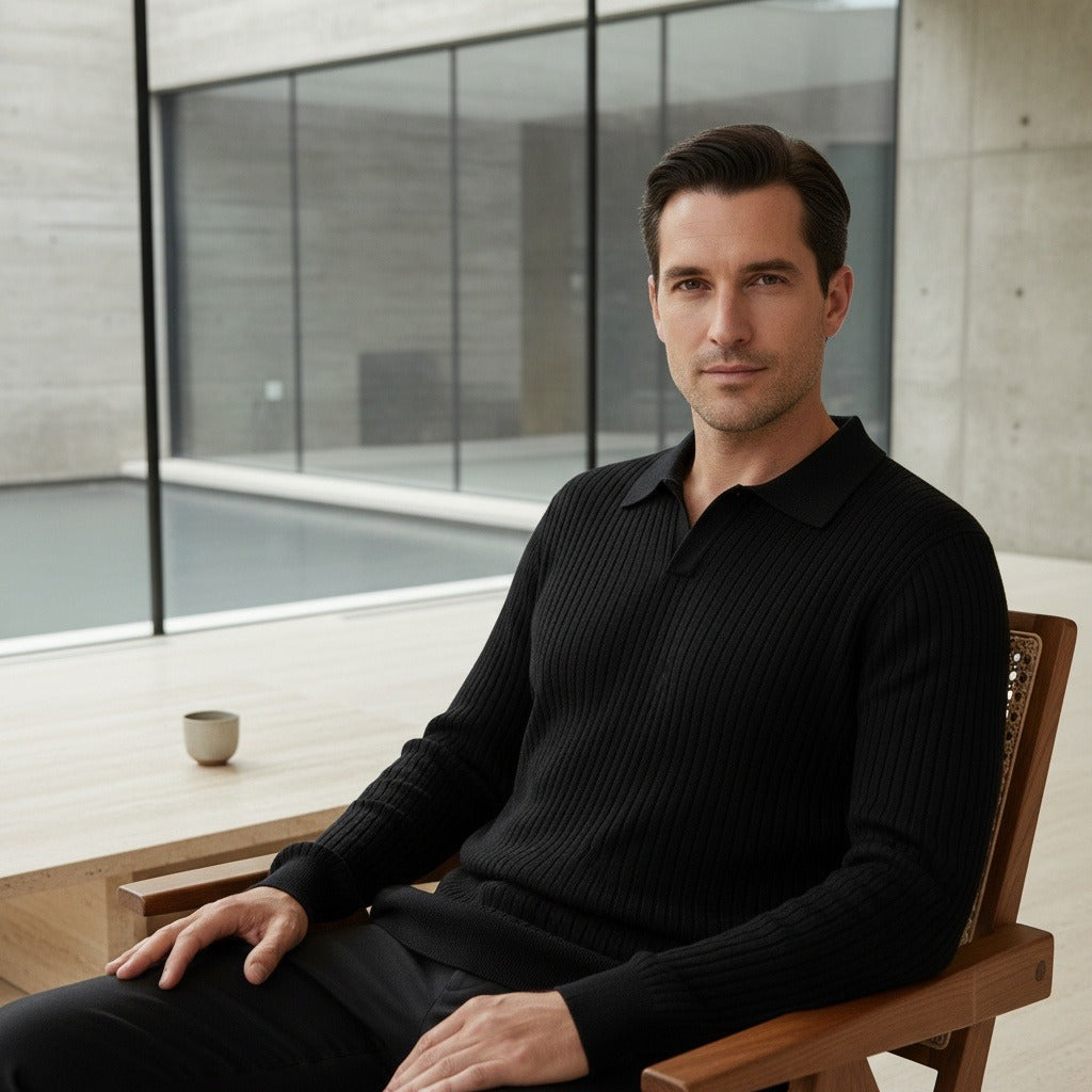 Men's Ribbed Polo Shirt in black, view 3