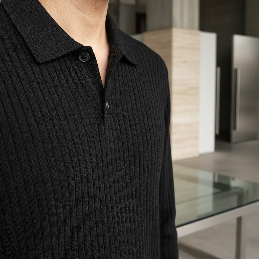Men's Ribbed Polo Shirt in black, view 4