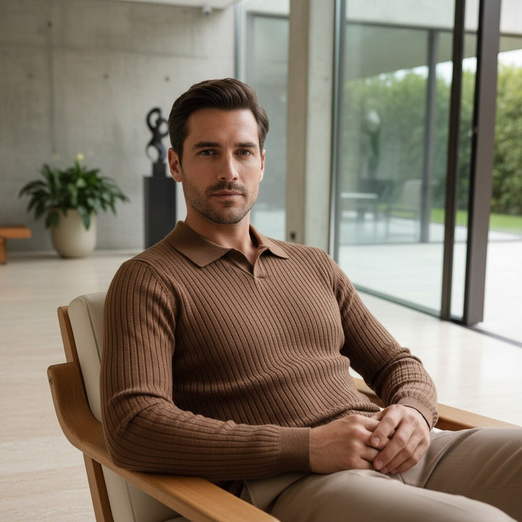 Men's Ribbed Polo Shirt in brown, view 3