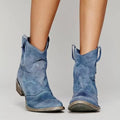 Women's blue western ankle boots with pointed toe and block heel