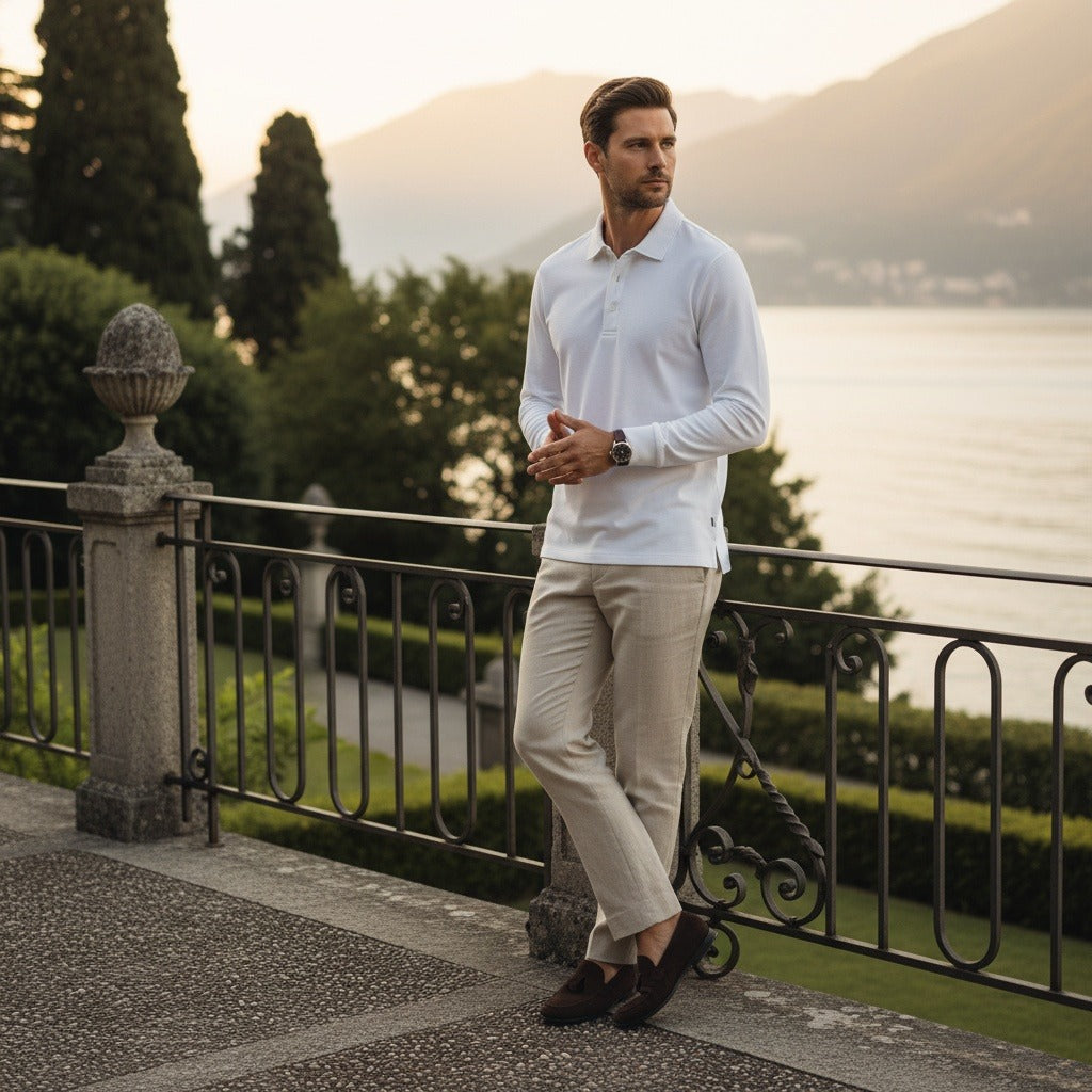 Men's Long Sleeve Polo Shirt in white, view 2