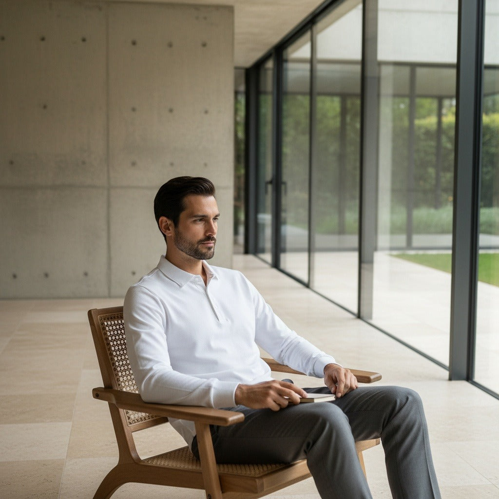 Men's Long Sleeve Polo Shirt in white, view 3