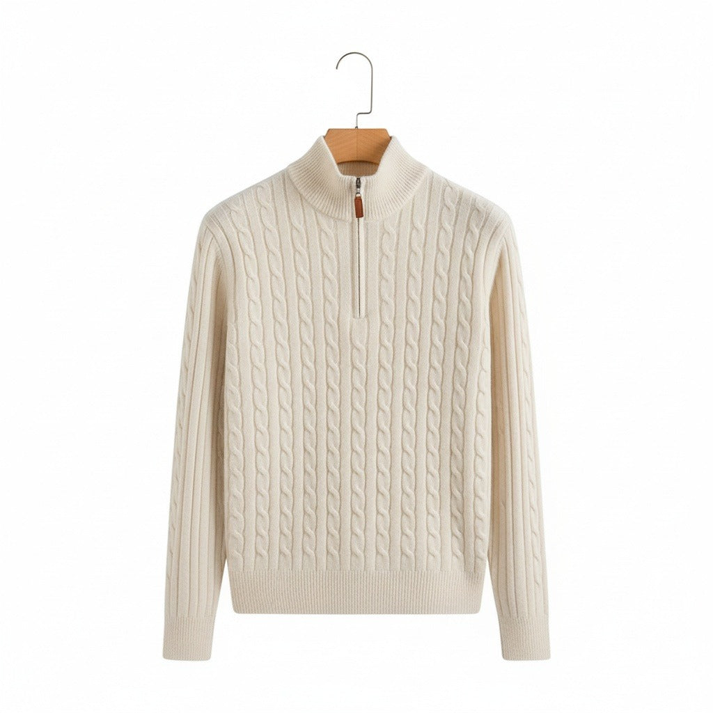 Men's Quarter Zip Jumper in white – Cable Knit Funnel Neck Jumper