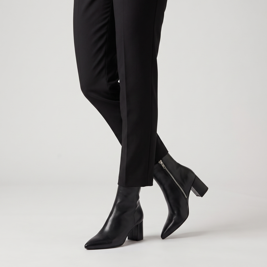 Model wearing the black pointed toe ankle boots with tailored trousers, studio shot