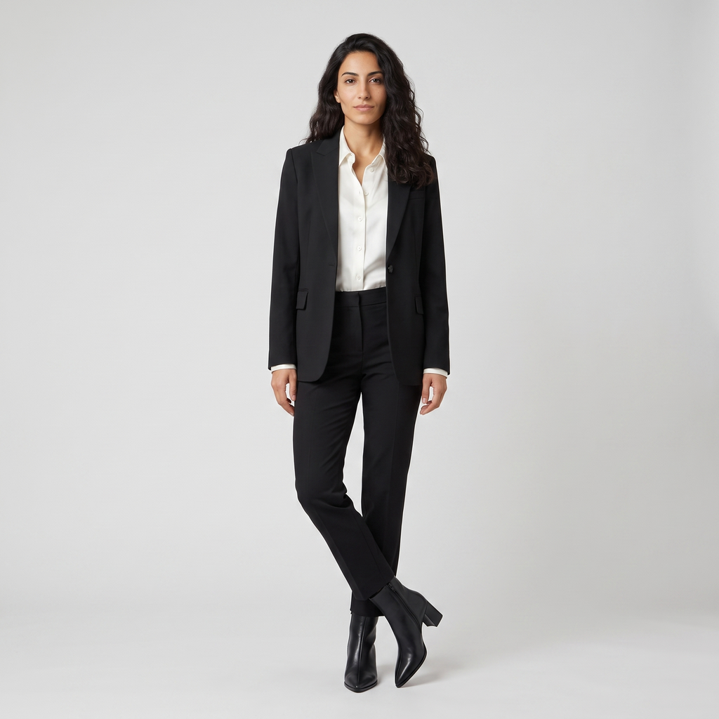 Full outfit with the black pointed toe ankle boots, white shirt and black blazer