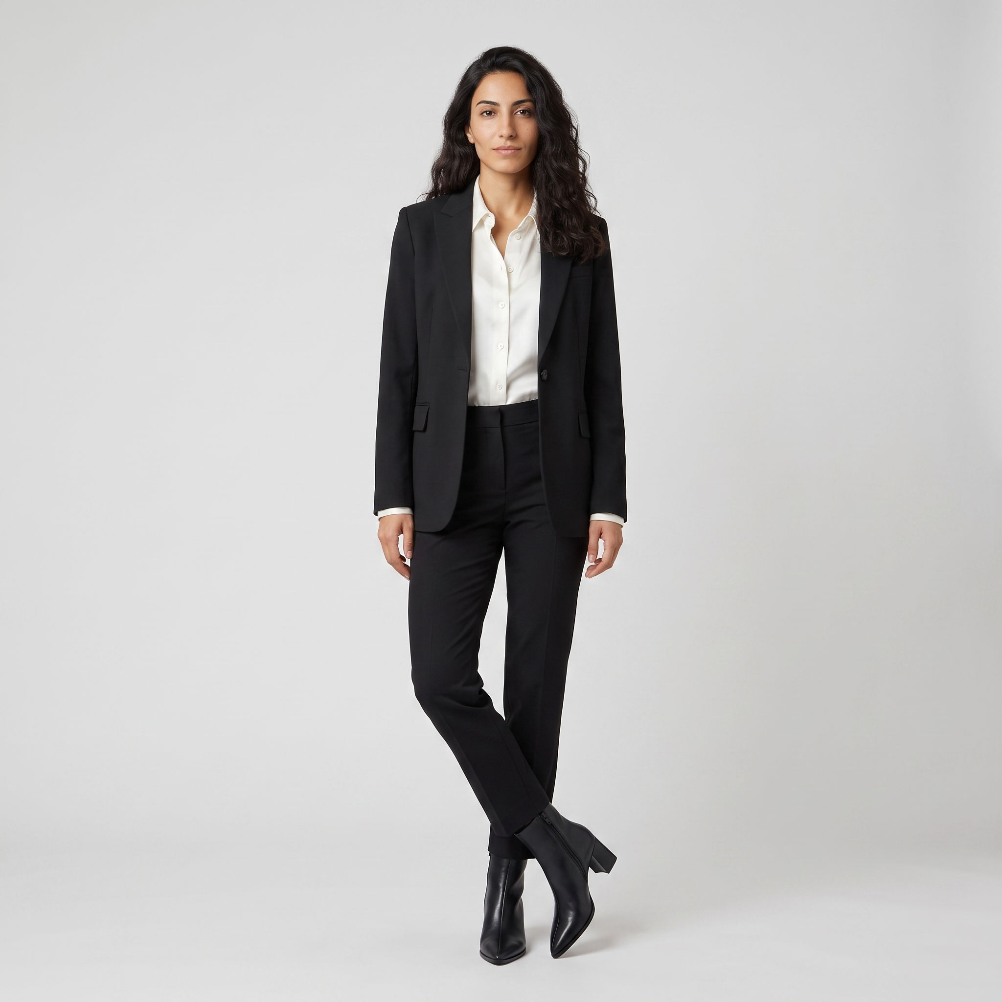 Full outfit with the black pointed toe ankle boots, white shirt and black blazer