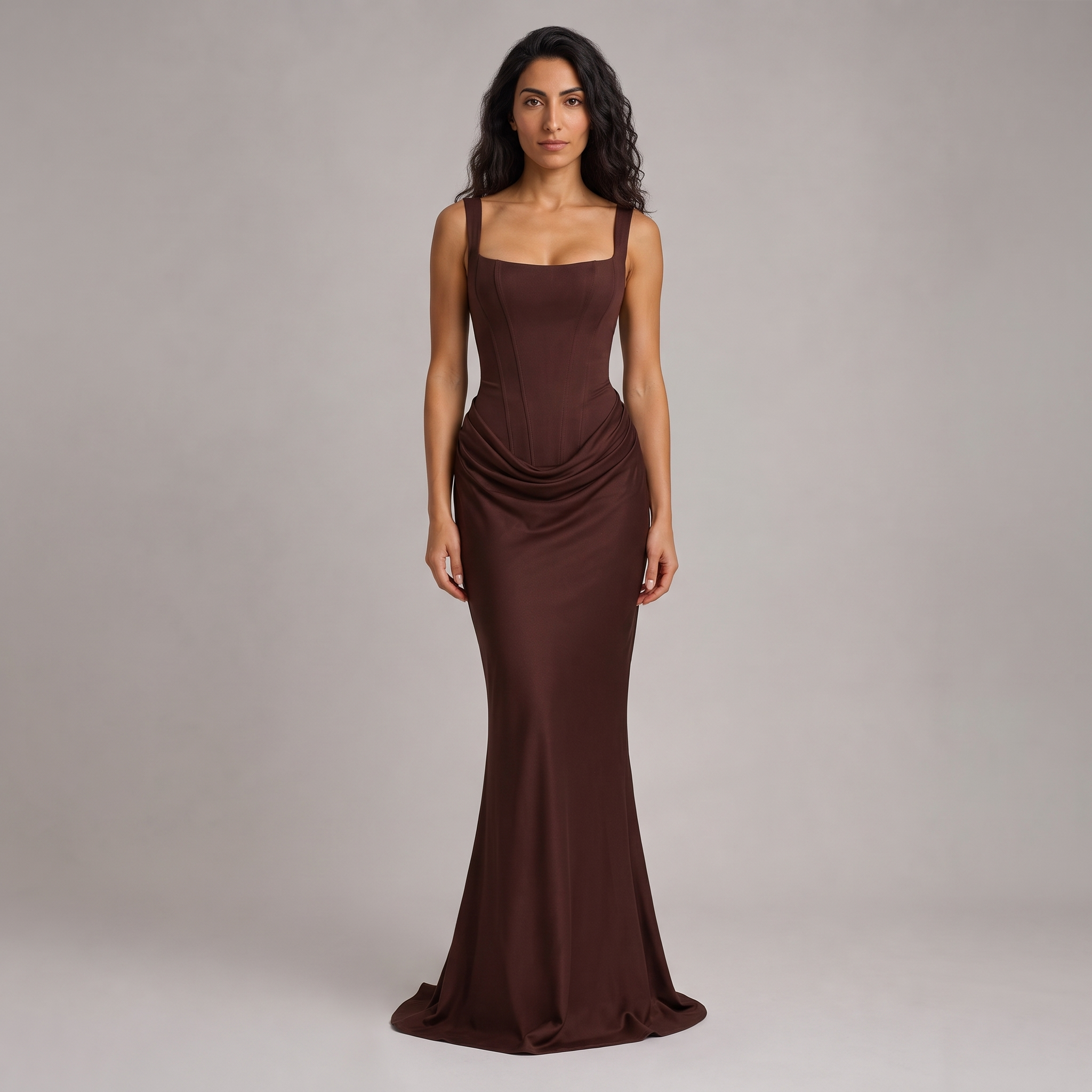 Model wearing the chocolate brown draped corset maxi dress, studio shot
