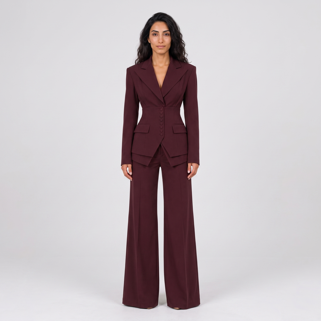 Model wearing the burgundy tailored blazer and wide leg trousers suit, studio shot