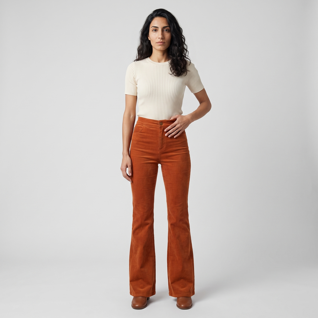 Model wearing the rust corduroy flare trousers with a cream ribbed knit top, studio shot