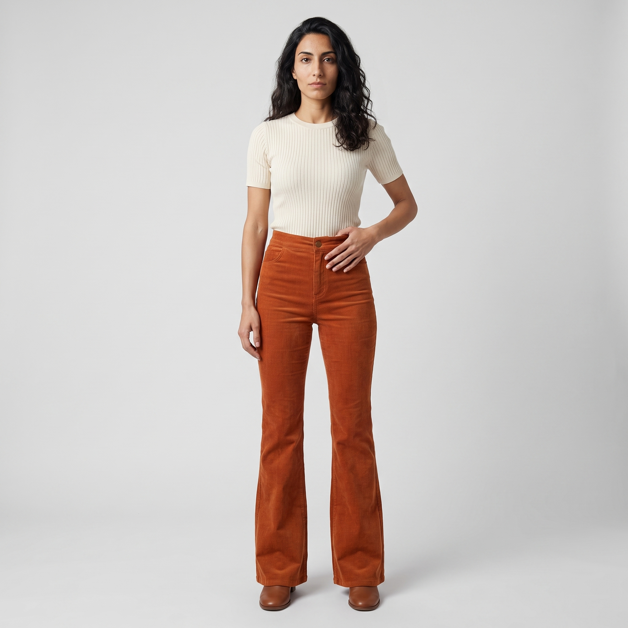 Model wearing the rust corduroy flare trousers with a cream ribbed knit top, studio shot