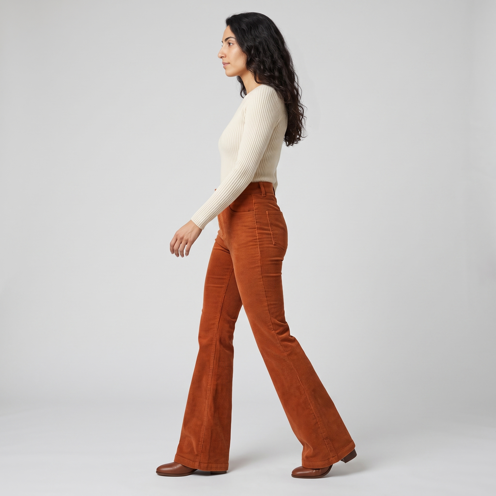Side view of the rust corduroy flare trousers showing the high waist and flare