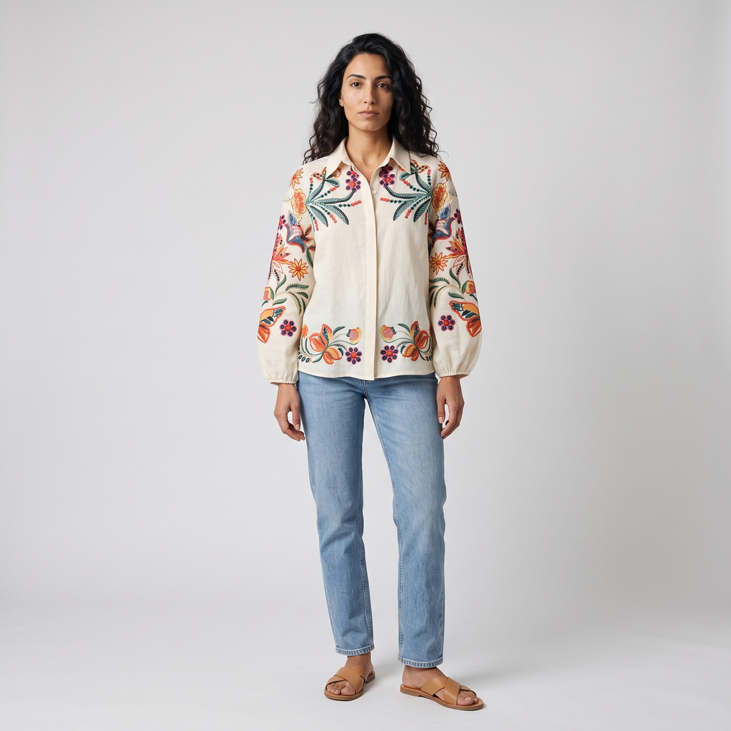 Model wearing the cream embroidered floral linen blouse, studio shot