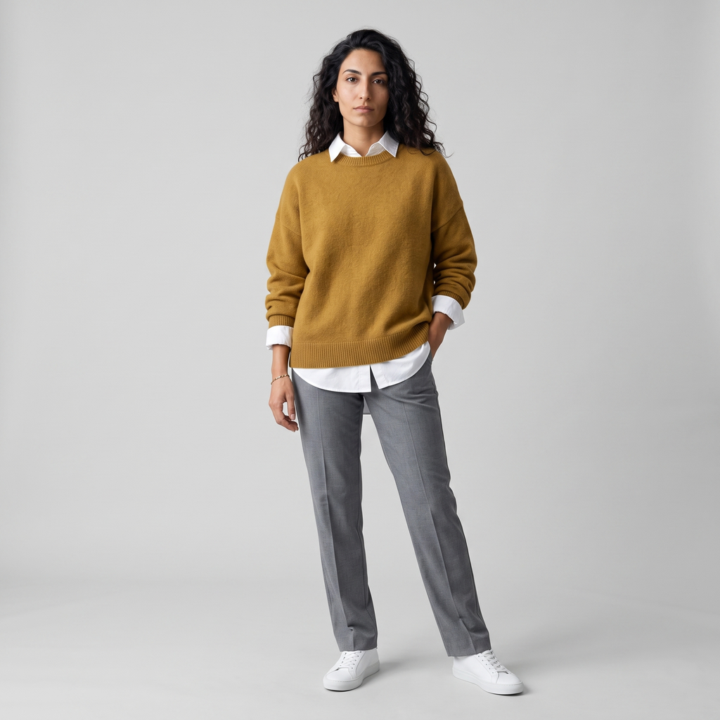 Model wearing the ochre oversized crew neck jumper over a white shirt, studio shot