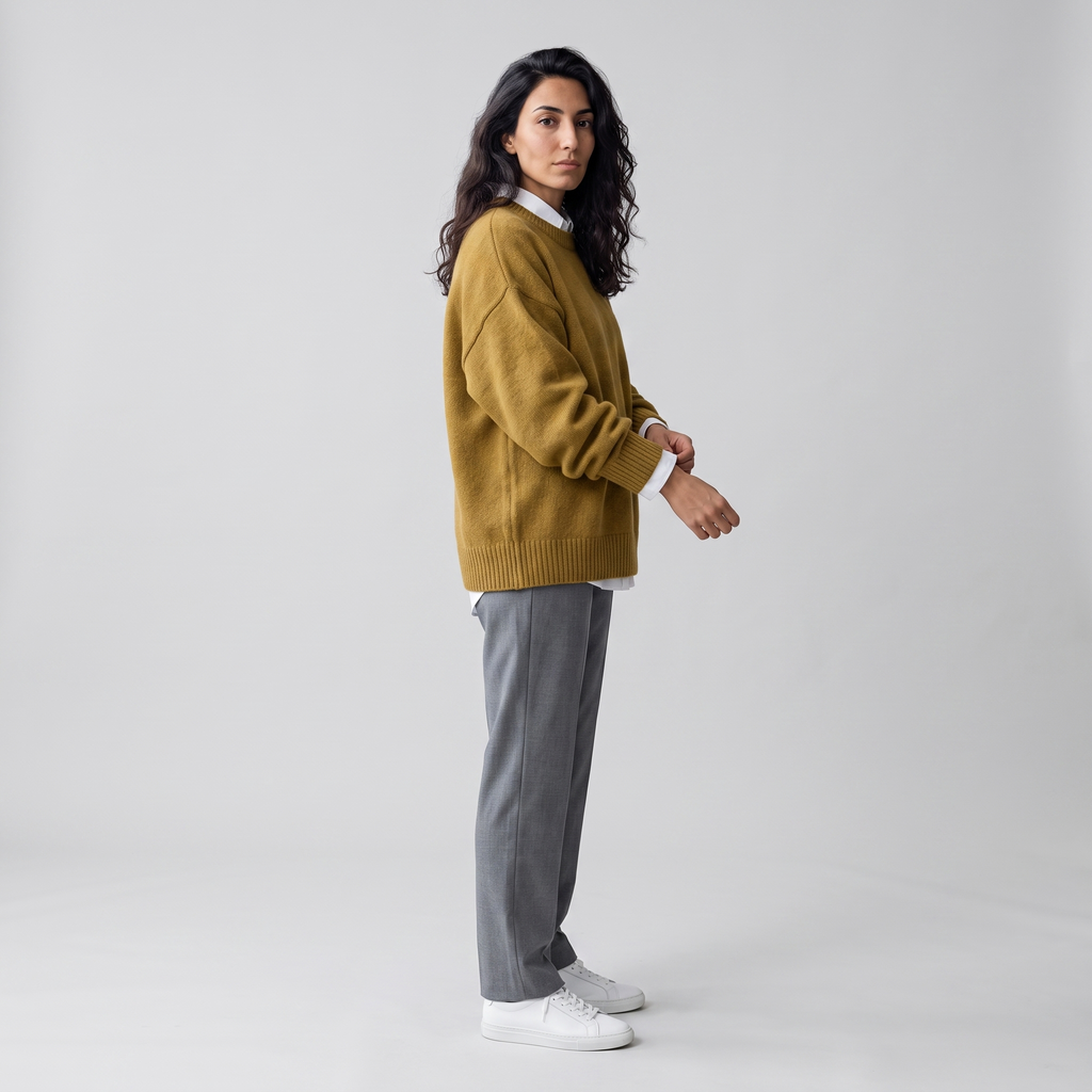 Side view of the ochre crew neck jumper showing the dropped shoulder seam