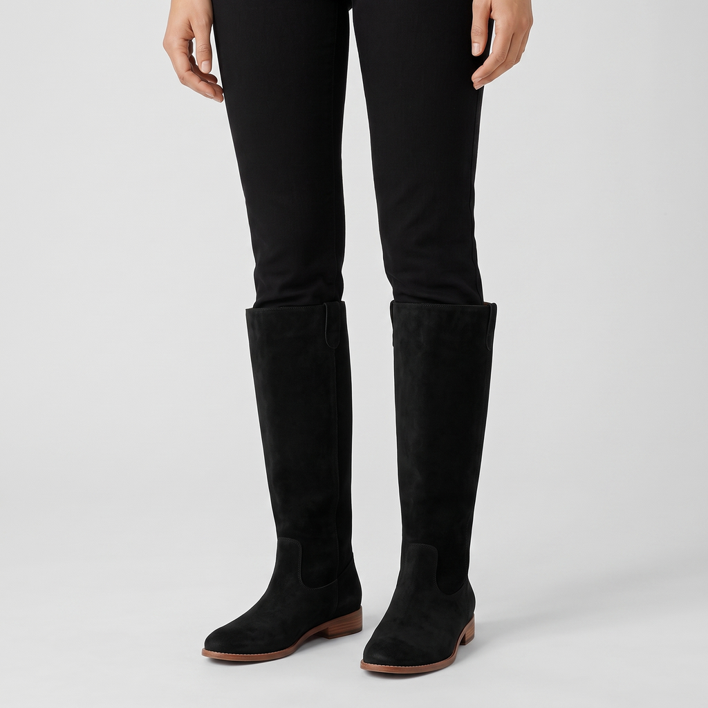 Model wearing the black suede look knee high boots with slim trousers, studio shot