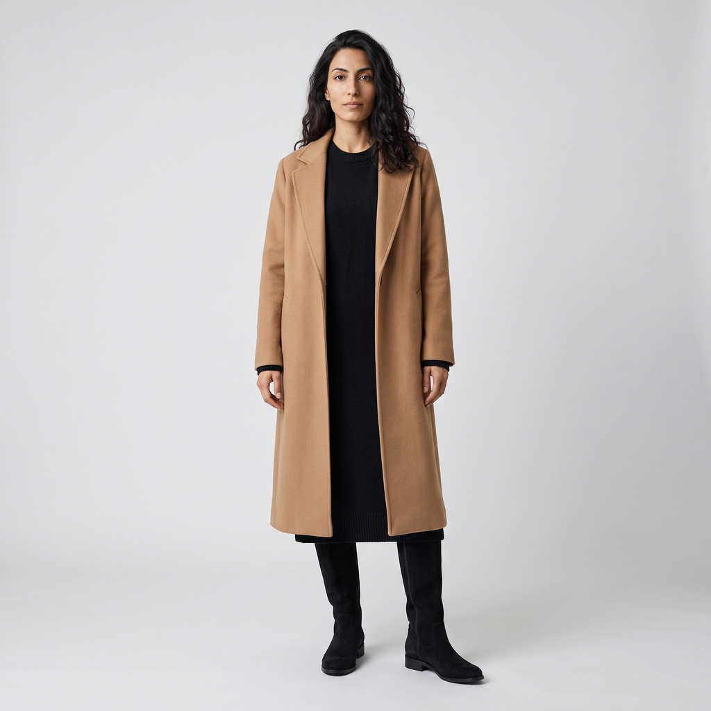 Full outfit with the black suede look knee high boots, knit dress and camel coat
