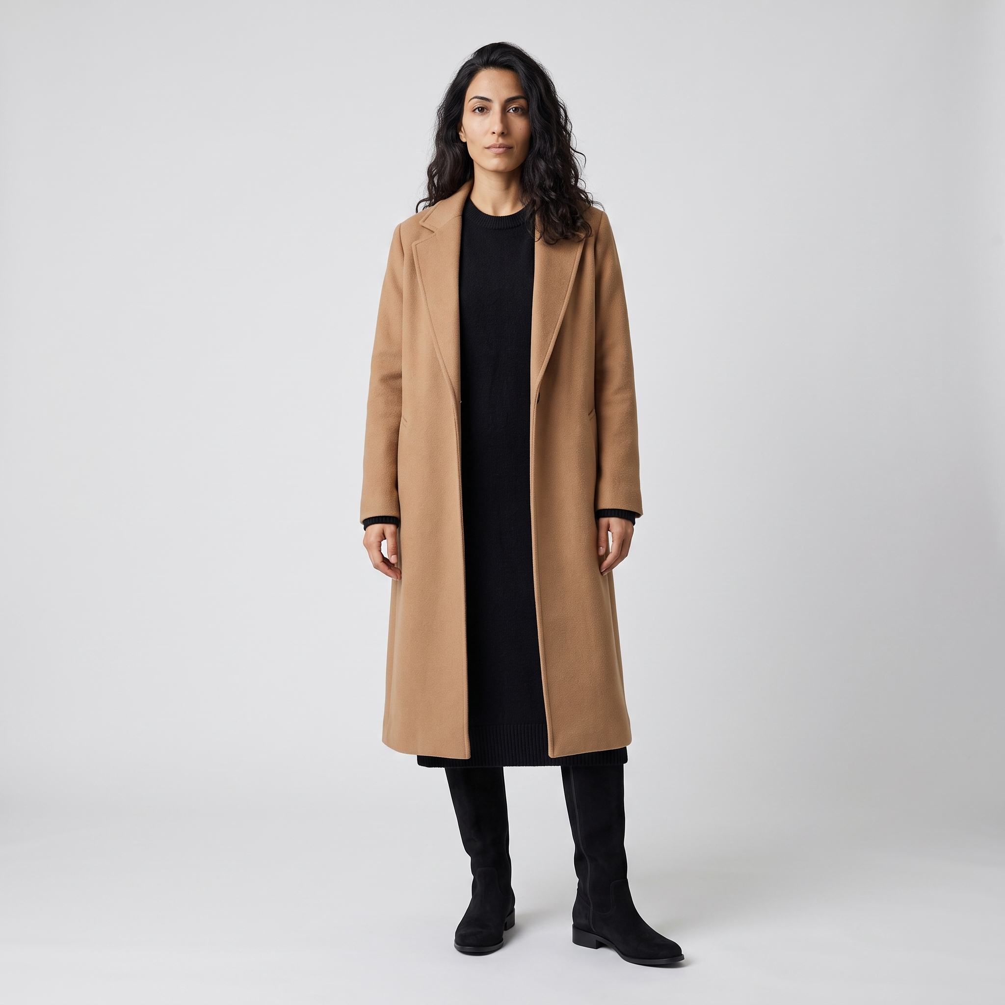Full outfit with the black suede look knee high boots, knit dress and camel coat