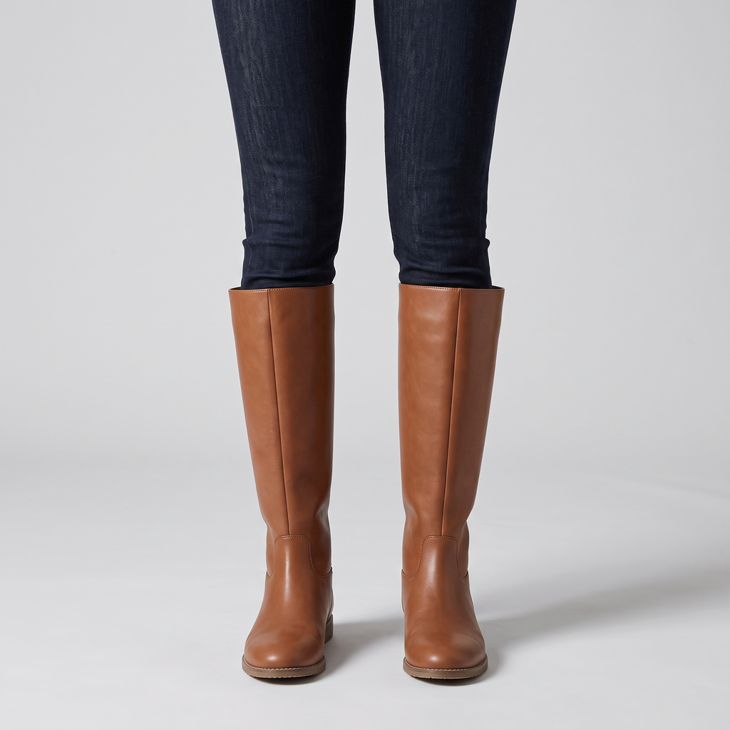 Model wearing the light brown knee high riding boots with jeans tucked in, studio shot