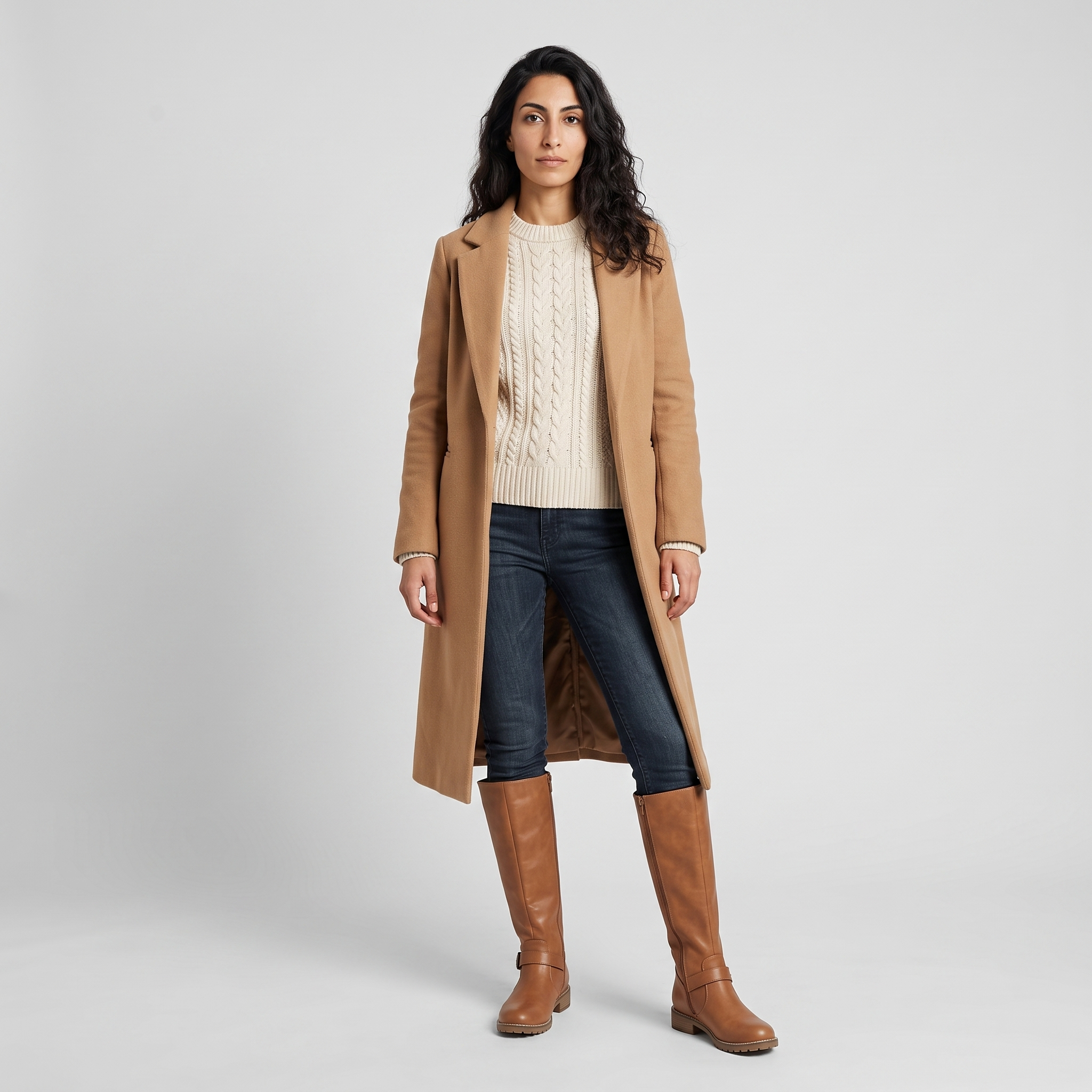 Full outfit with the light brown knee high riding boots, cable knit and camel coat