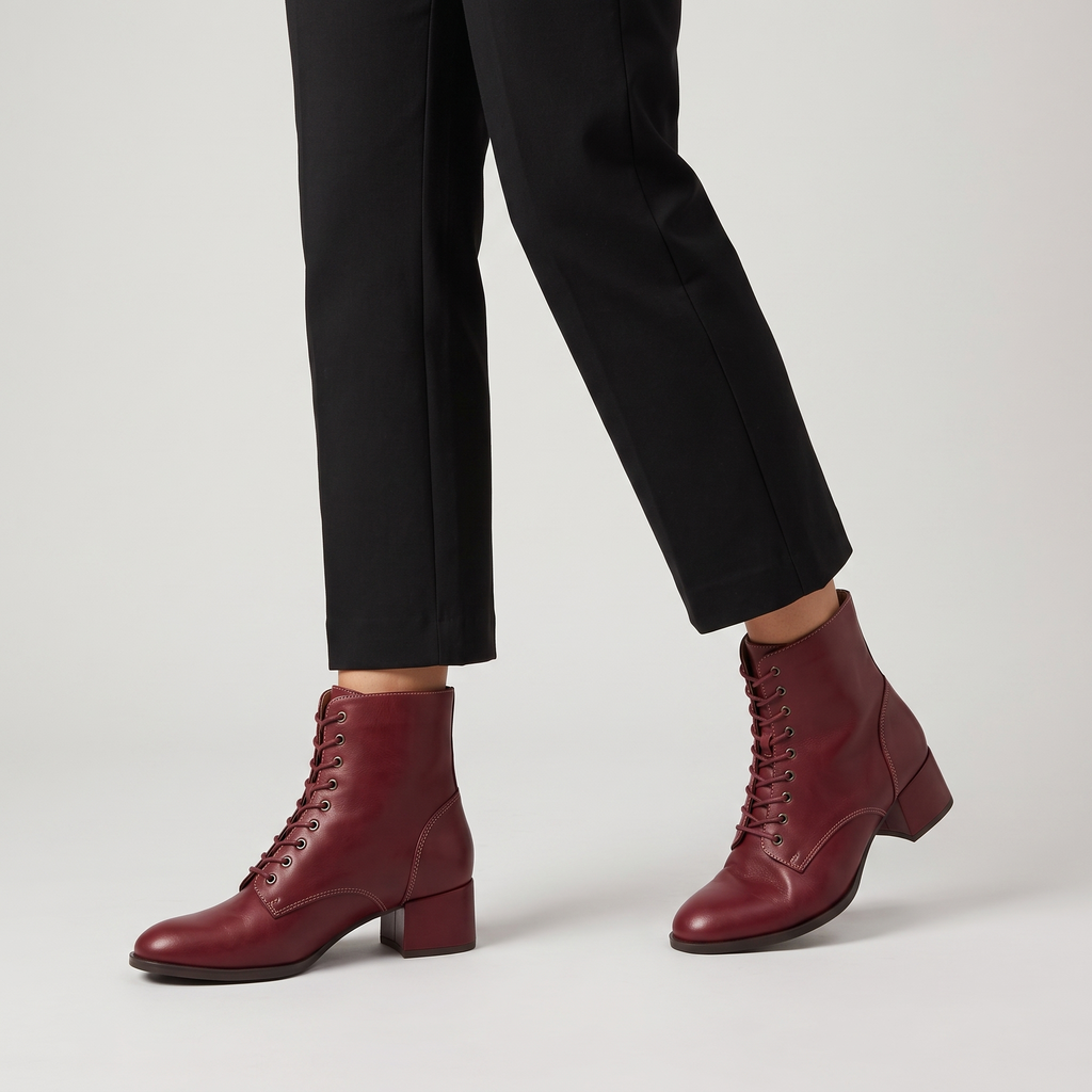 Model wearing the red lace up ankle boots with cropped black trousers, studio shot