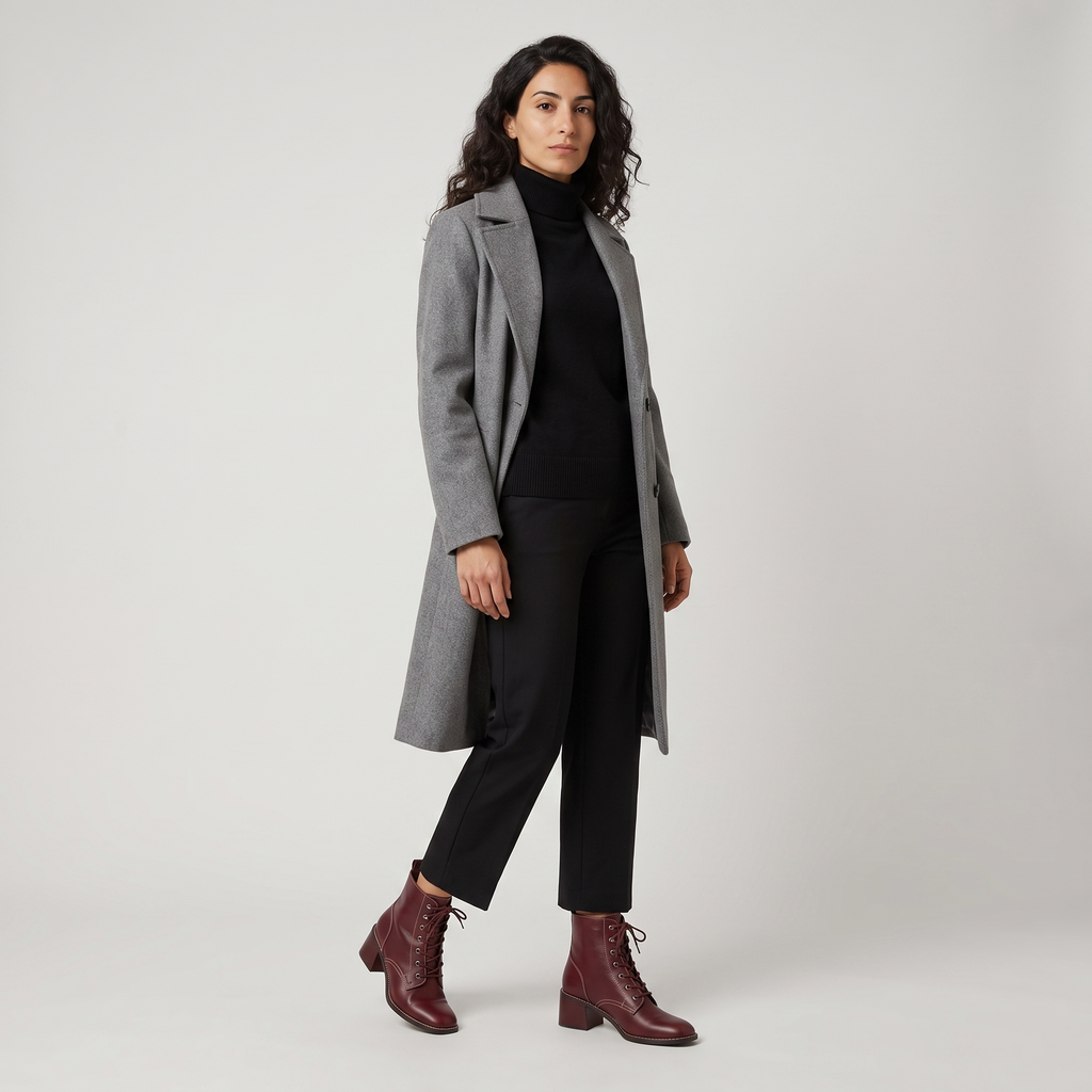 Full outfit with the red lace up ankle boots, black roll neck and grey coat