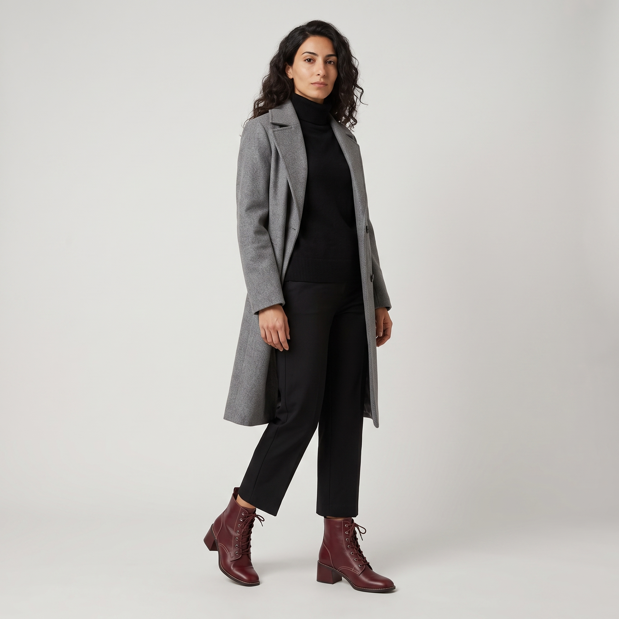 Full outfit with the red lace up ankle boots, black roll neck and grey coat