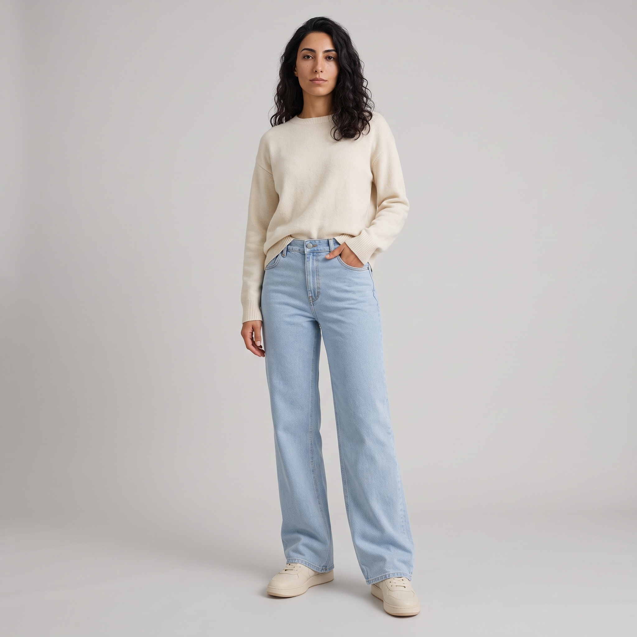 Model wearing the light blue high waisted wide leg jeans, studio shot