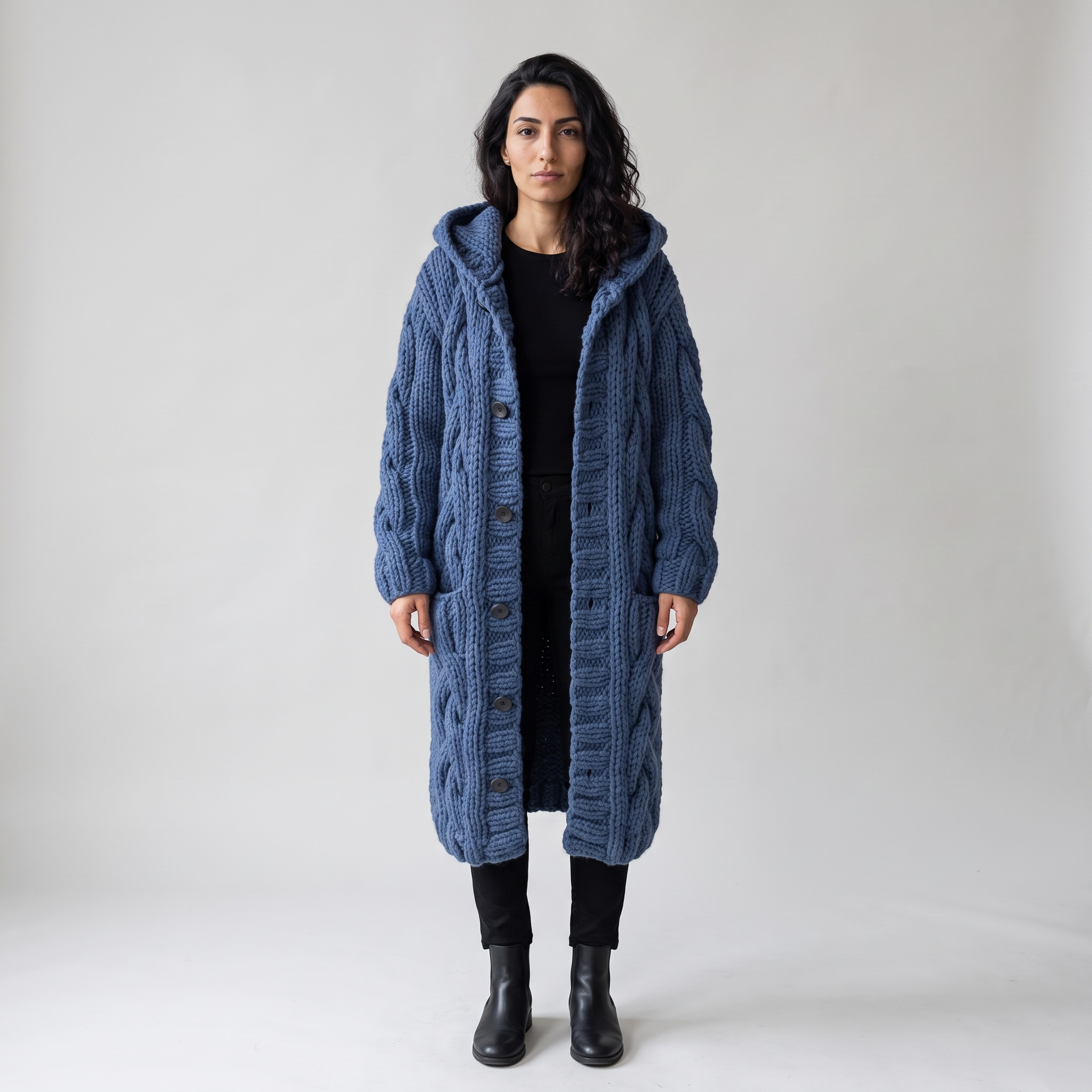 Model wearing the blue longline hooded cable knit cardigan open over black, studio shot