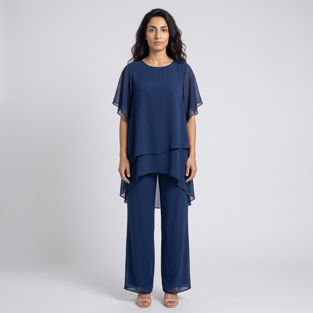 Model wearing the navy chiffon layered tunic and wide leg trousers set, studio shot