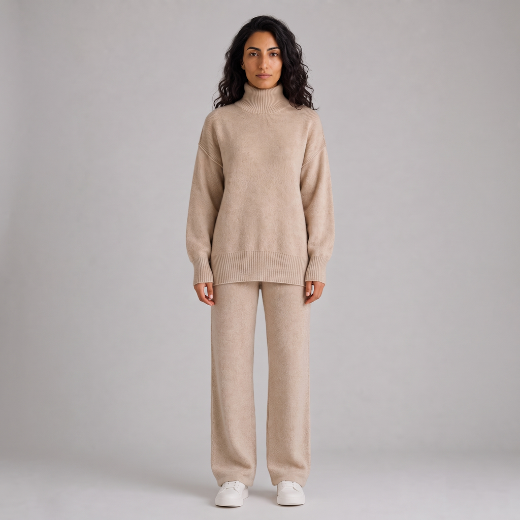 Model wearing the oatmeal knitted roll neck jumper and wide leg trousers set, studio shot