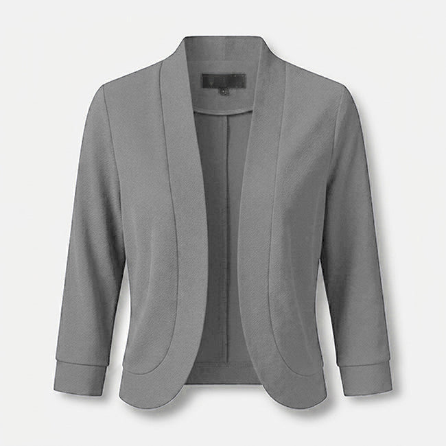 Grey open front cropped blazer with shawl collar, flat product view