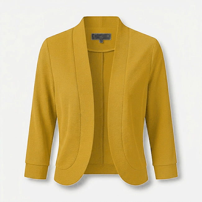 Mustard yellow open front cropped blazer with rounded hem, flat product view