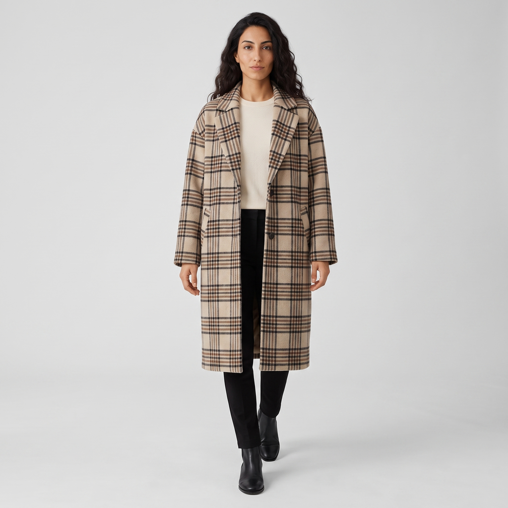 Model wearing the oversized check longline coat open over cream knitwear, studio shot