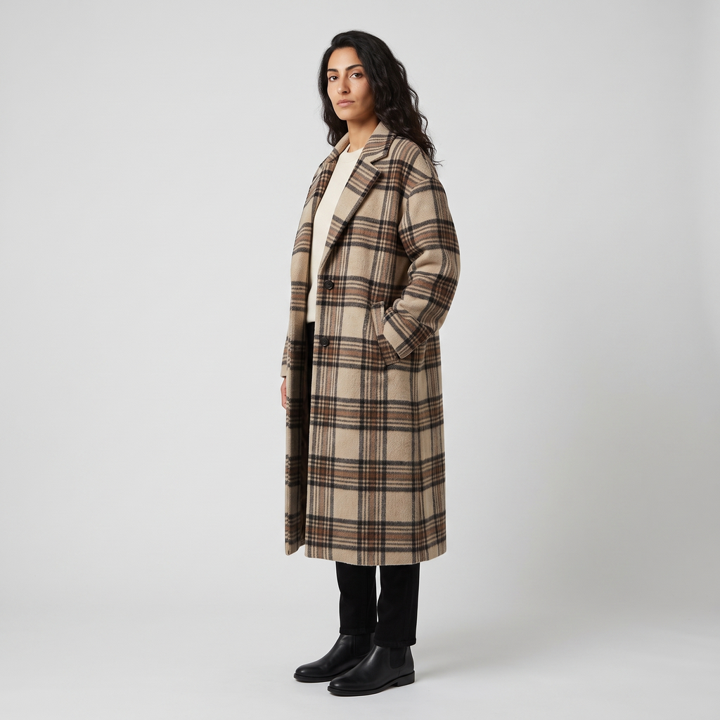 Side view of the oversized check coat showing the woven pattern down the length