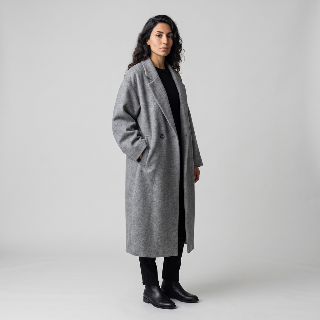 Model wearing the grey oversized longline winter coat open over black, studio shot