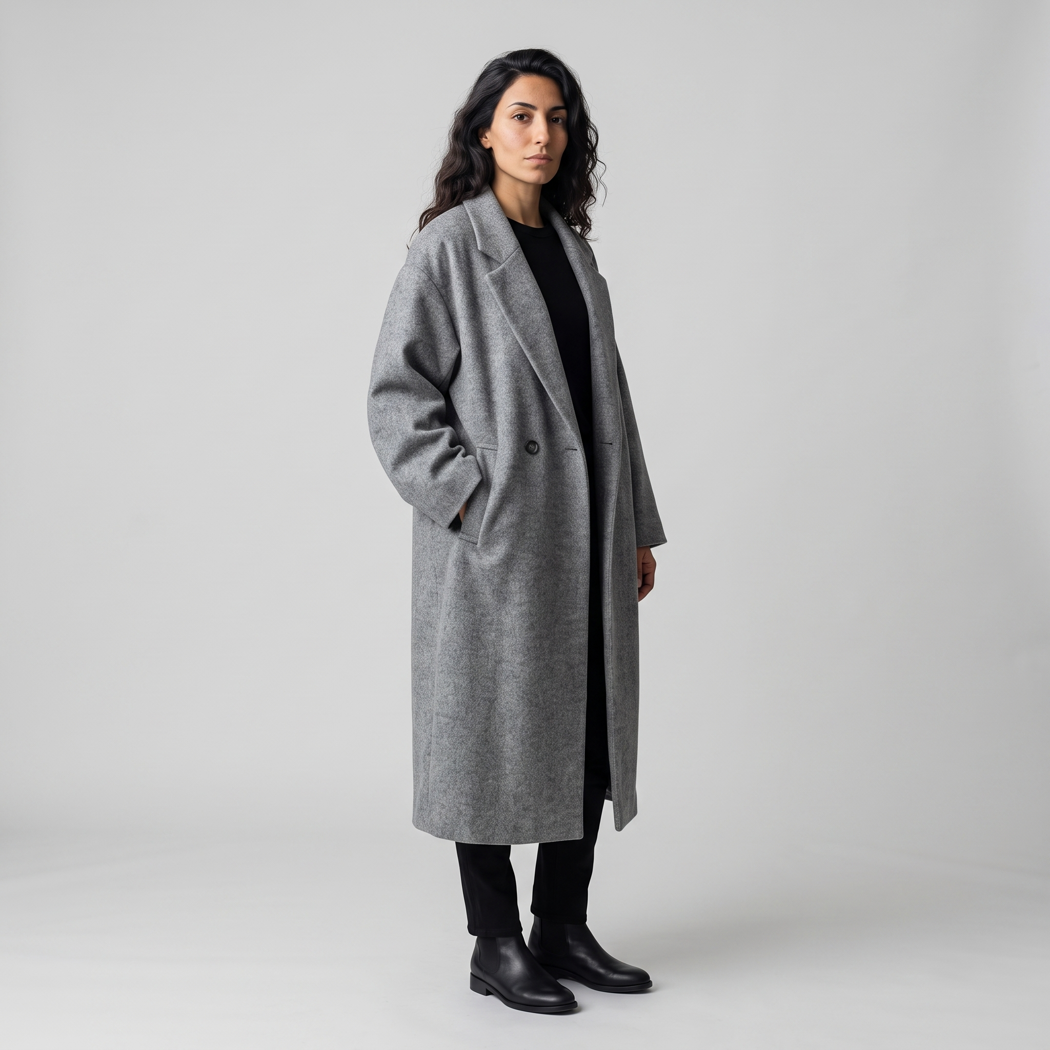 Model wearing the grey oversized longline winter coat open over black, studio shot