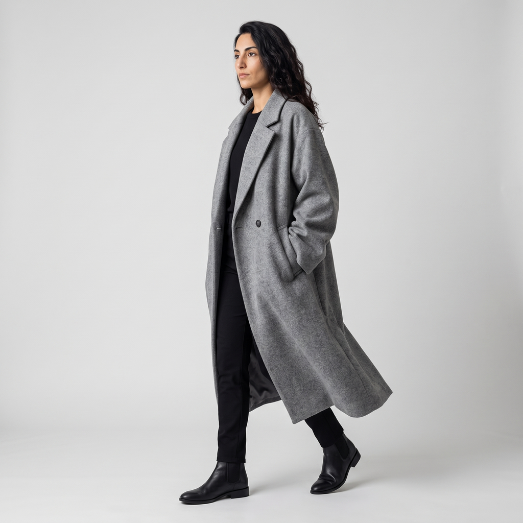 Side view of the grey oversized longline coat showing the drape and length