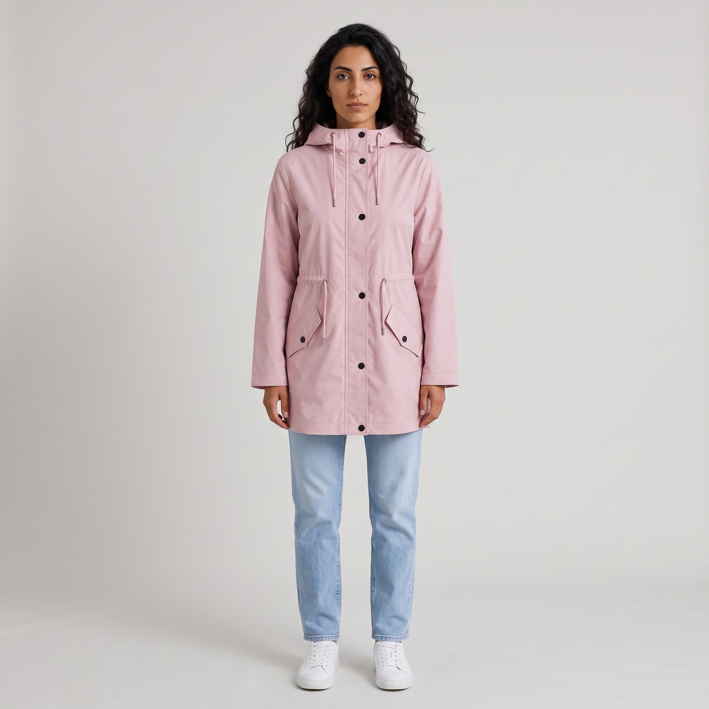 Model wearing the pink hooded waterproof parka with drawstring waist, studio shot
