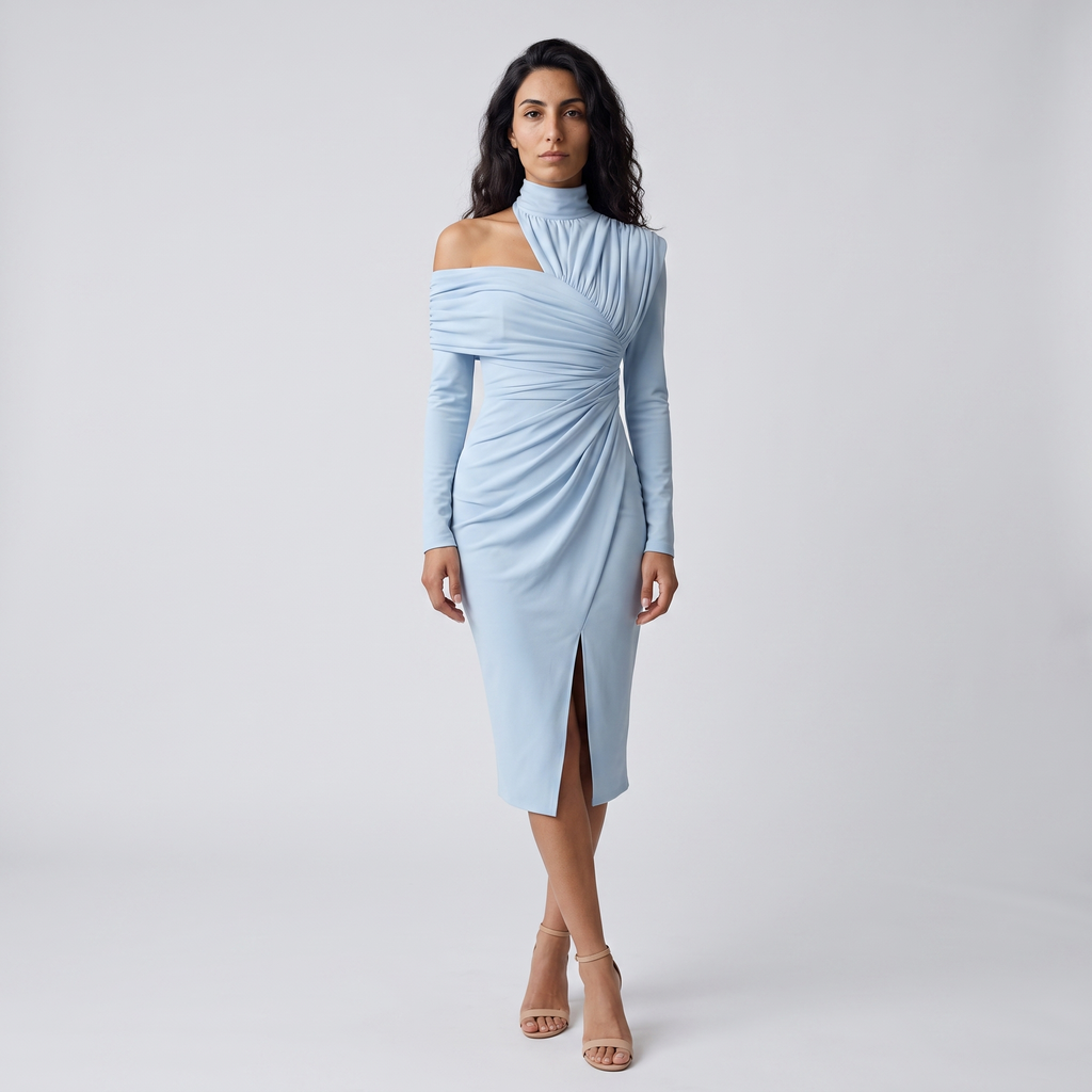Model wearing the powder blue draped midi dress with one bare shoulder, studio shot