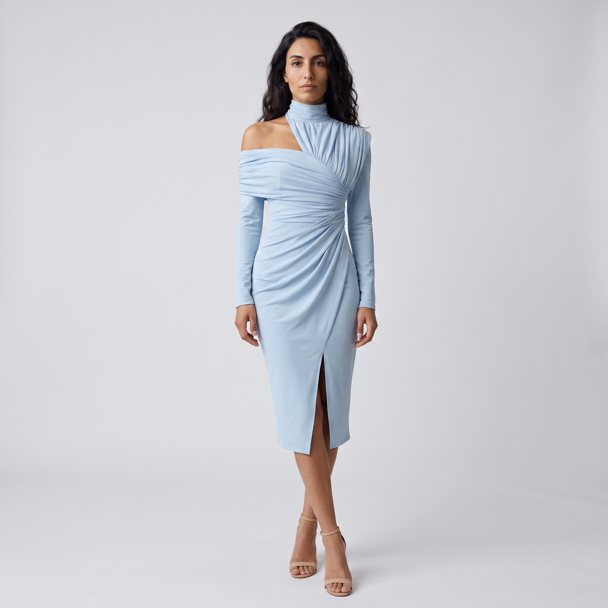 Model wearing the powder blue draped midi dress with one bare shoulder, studio shot