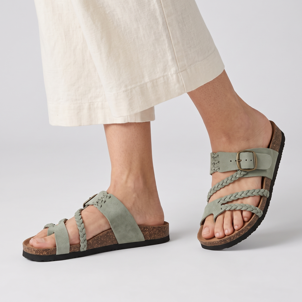 Model wearing the sage green braided strap sandals with cork footbed, studio shot