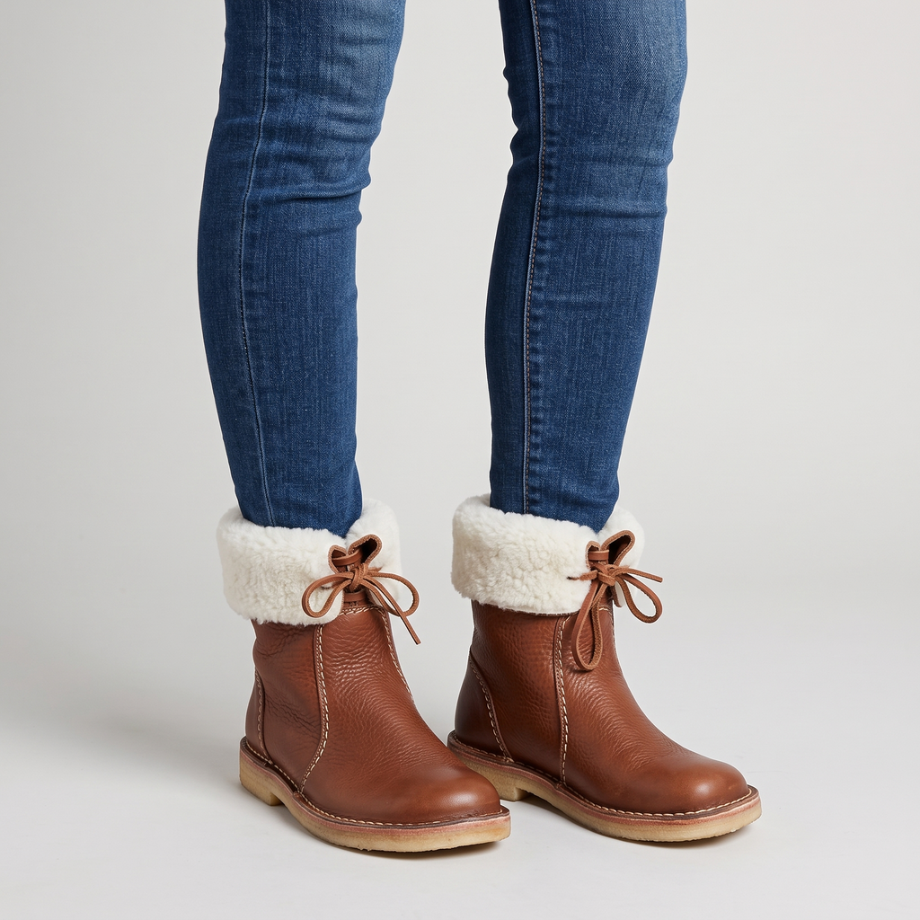 Model wearing the brown shearling lined ankle boots with denim, studio shot