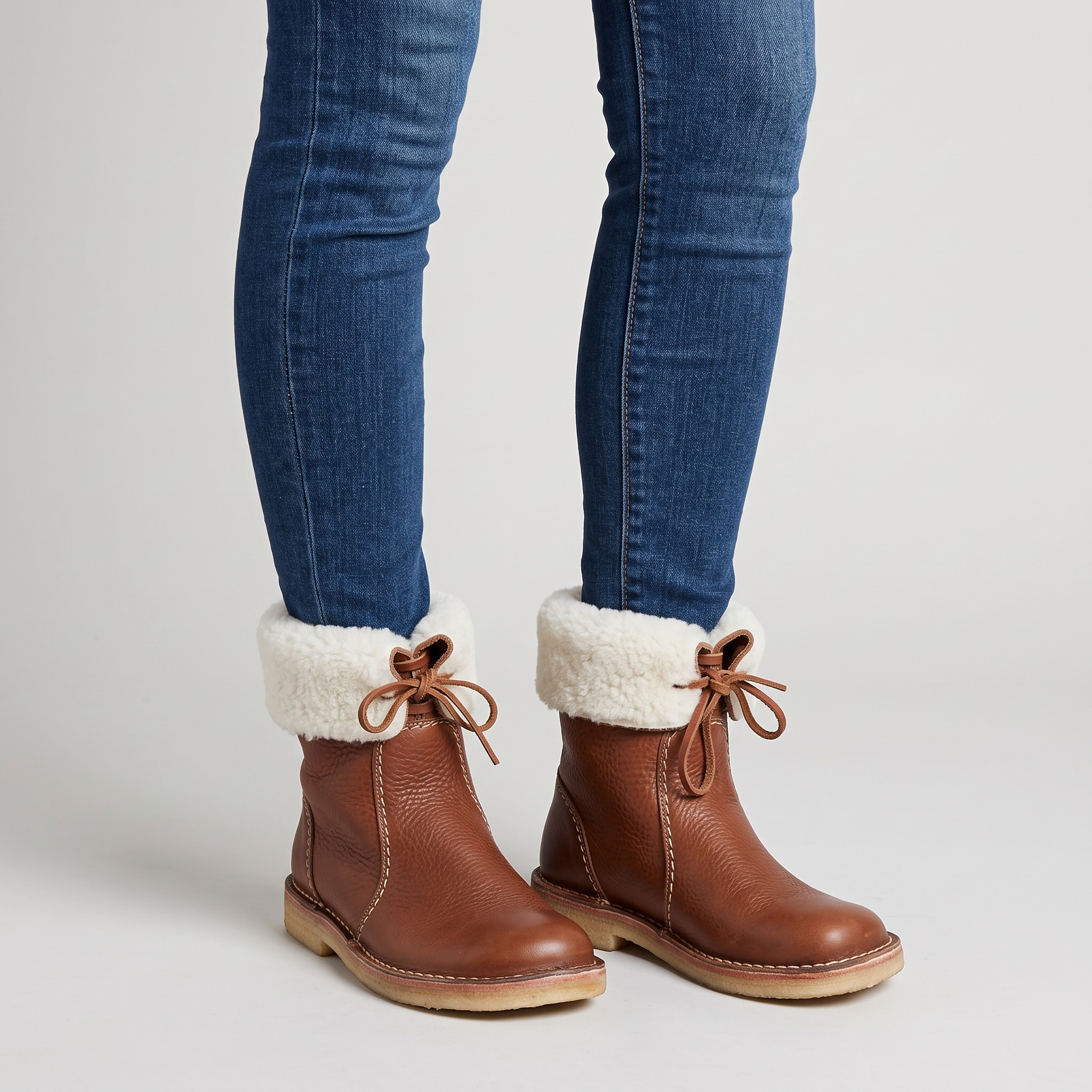 Model wearing the brown shearling lined ankle boots with denim, studio shot