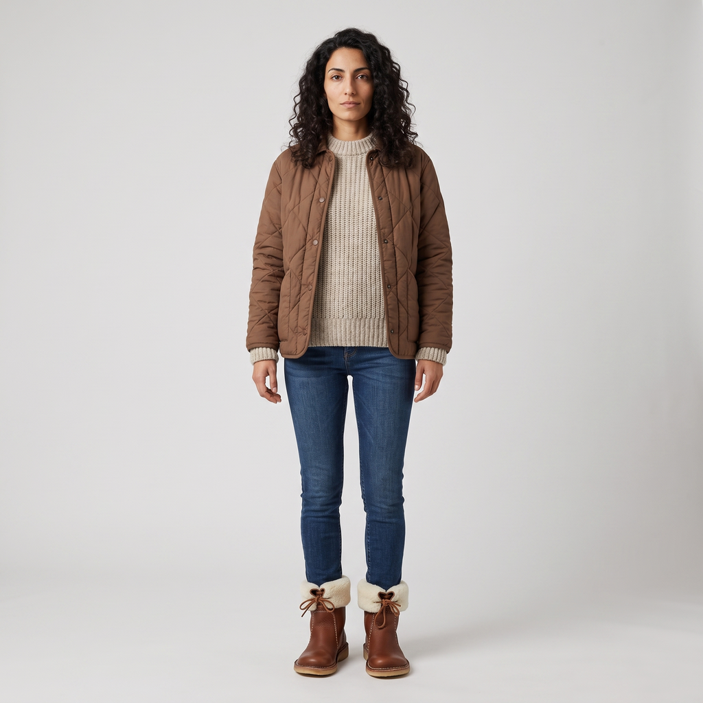 Full outfit with the brown shearling lined ankle boots, oatmeal knit and quilted jacket
