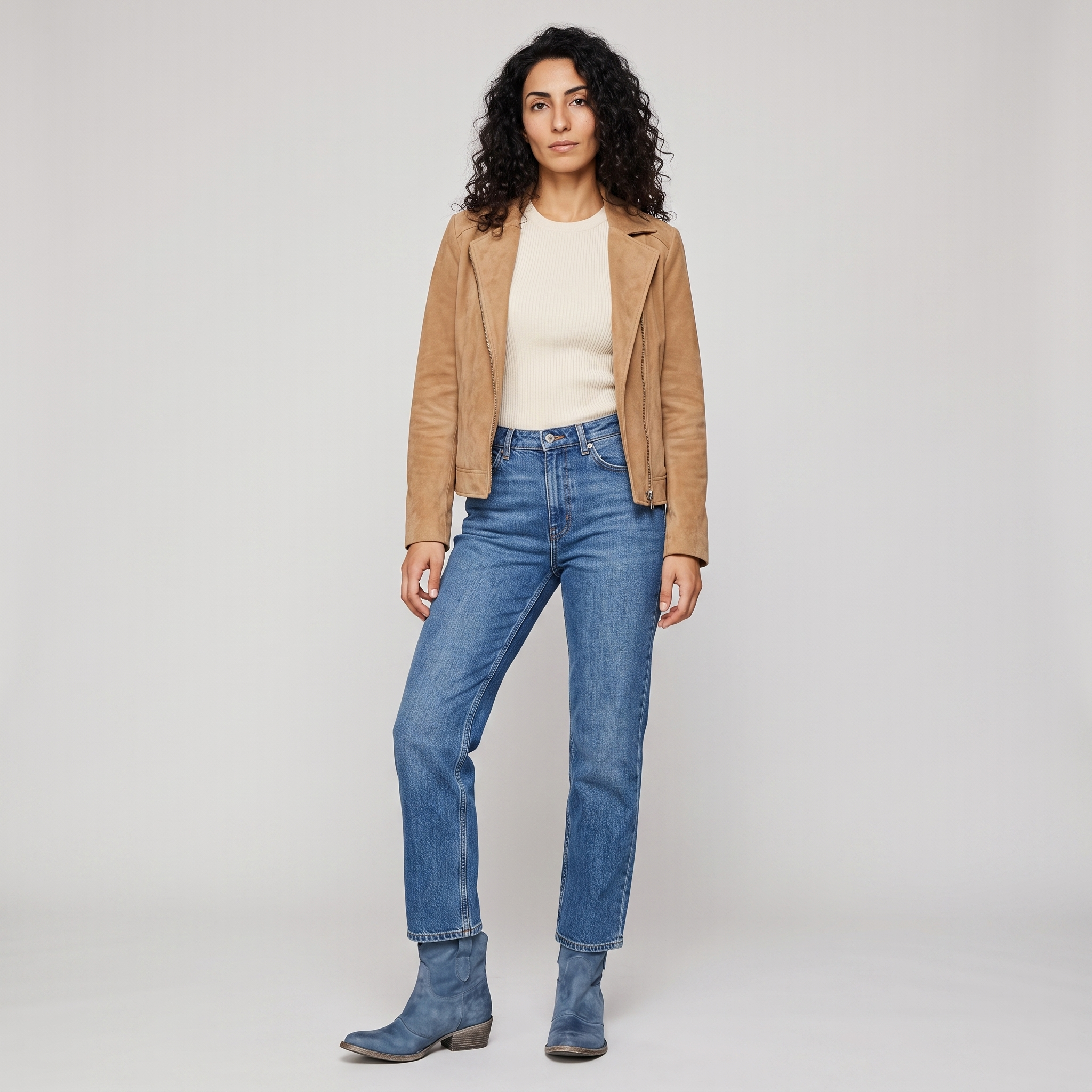 Full outfit with the blue western ankle boots, denim and a tan jacket